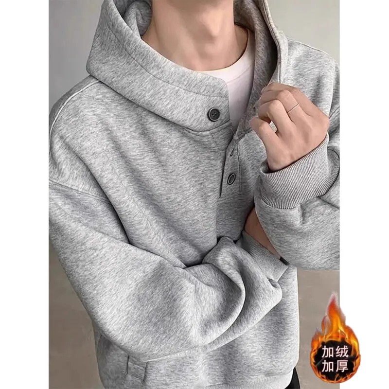 美式重磅硬挺纽扣亨利领卫衣男连帽秋冬款加绒高级感cleanfit外套