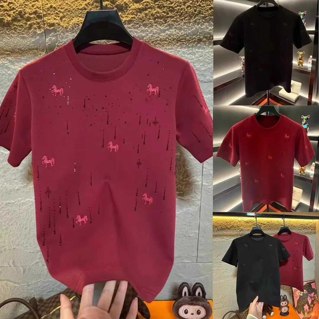 潮流时尚烫钻男士短袖T恤小马刺绣宽松潮牌圆领休闲时尚上衣