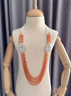 淡水珍珠橙玉多层长款毛衣链首饰