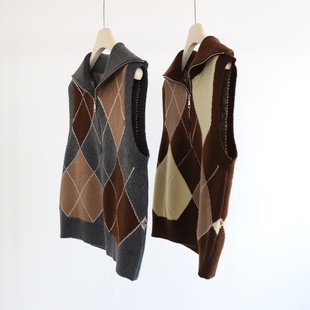 叠穿神器 秋冬高领复古学院风提花菱形格半开扣拉链加厚针织马甲