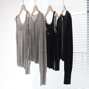 罗马优雅 缤纷纱羊毛混纺木耳花边拼接无袖 背心＋开衫 轻奢风长袖