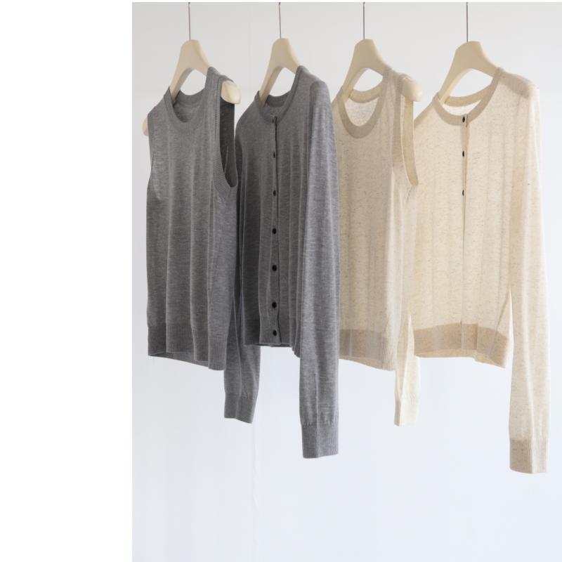 2025春夏新款圆领天丝亚麻针织开衫=圆领直筒背心两件套套装女