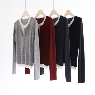 针织秋冬打底衫 假两件细羊毛混纺隐形拉链撞色简约长袖 小众通勤