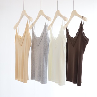 纯欲风 春夏新品蕾丝花边吊带V领无袖针织背心法式直筒内搭女上衣