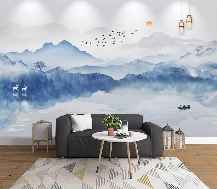 水墨新中式现代简约意境山水背景墙来图定制UV壁画宣绒布墙布客厅