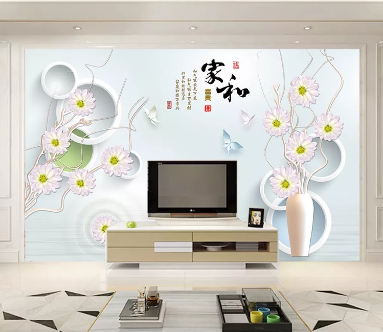 3D圆圈家和花瓶玉雕花电视背景墙16D超立体浮雕18D水晶壁画真丝布