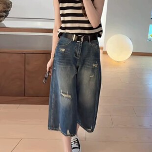 设计破洞阔腿牛仔裤女2026夏季新款大码胖MM显瘦美式高腰八分裤子