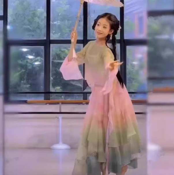 古典舞女童小豆苗抖音同款荷花艺考演出飘逸中国风采莲扇子舞蹈服