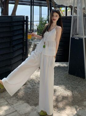 法式复古设计感无袖系带背心吊带女夏季新款松紧腰休闲长裤两件套