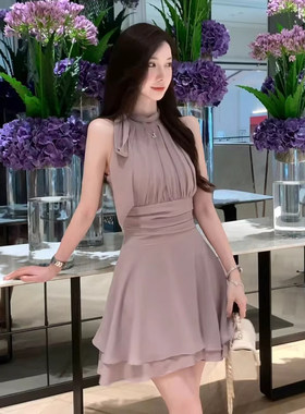 法式纯欲温柔紫色无袖雪纺连衣裙女设计感收腰气质短裙子夏季新款