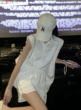 辣妹无袖衬衫chic上衣甜辣套装女高腰短裤子今年流行两件套裤夏季