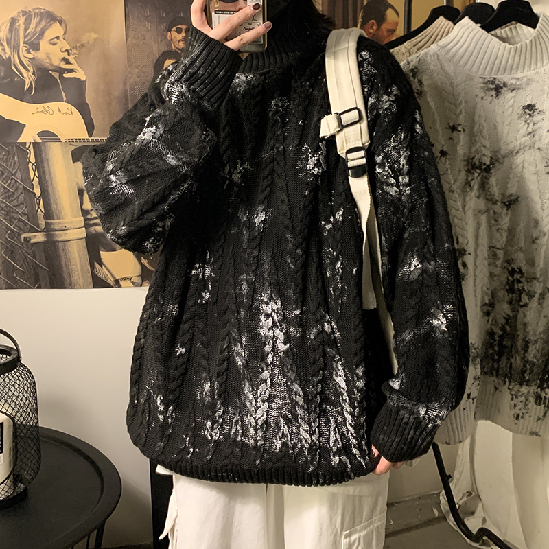 M2105-P75控982024秋冬季加厚粗针泼墨半高领毛衣针织衫，男装针织衫/毛衣，电商A036A