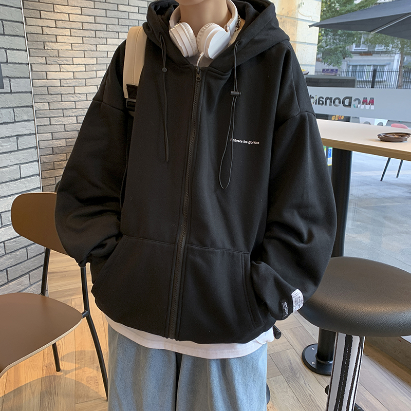 Spring and autumn Hong Kong Style versatile drawstring solid color hooded cardigan sweater