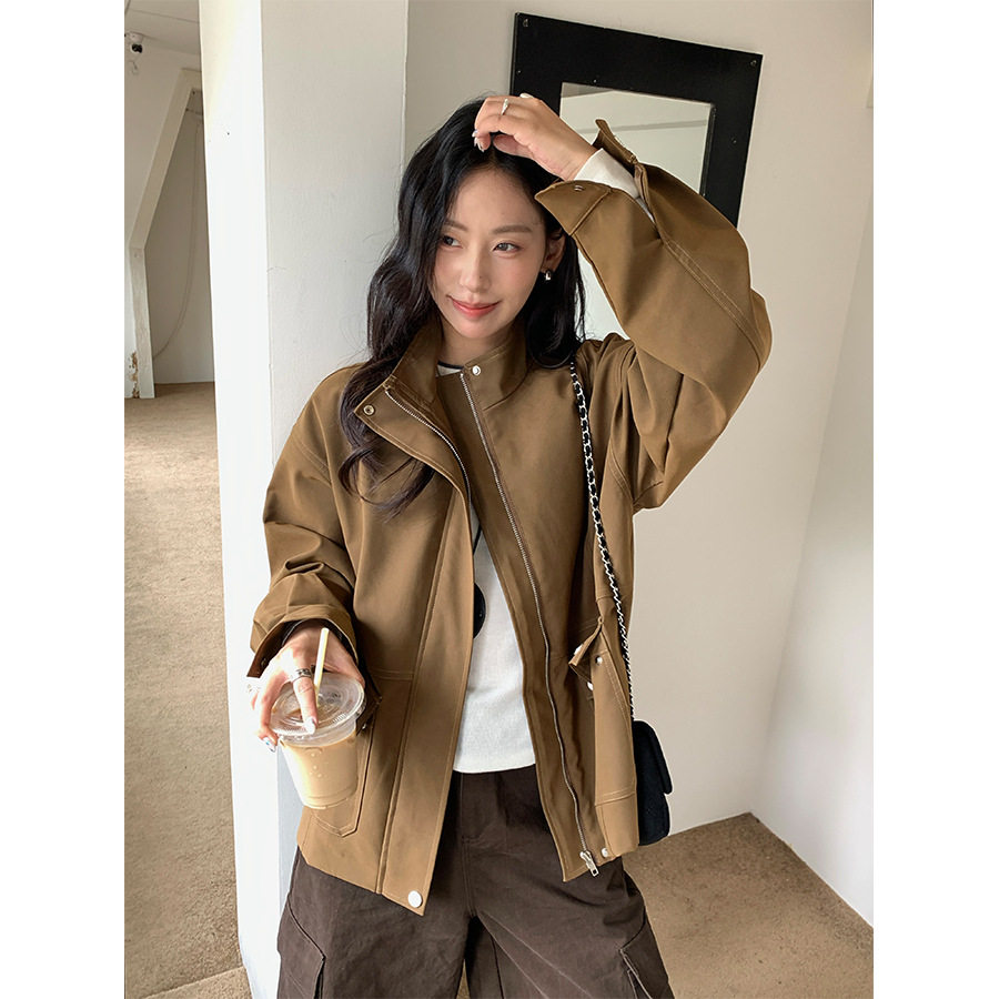 英伦风麂皮绒短外套女复古工装风拉链立领通勤夹克高级感,女装/女士精品,短外套,淘宝优惠券,粉丝福利购,淘宝优惠卷