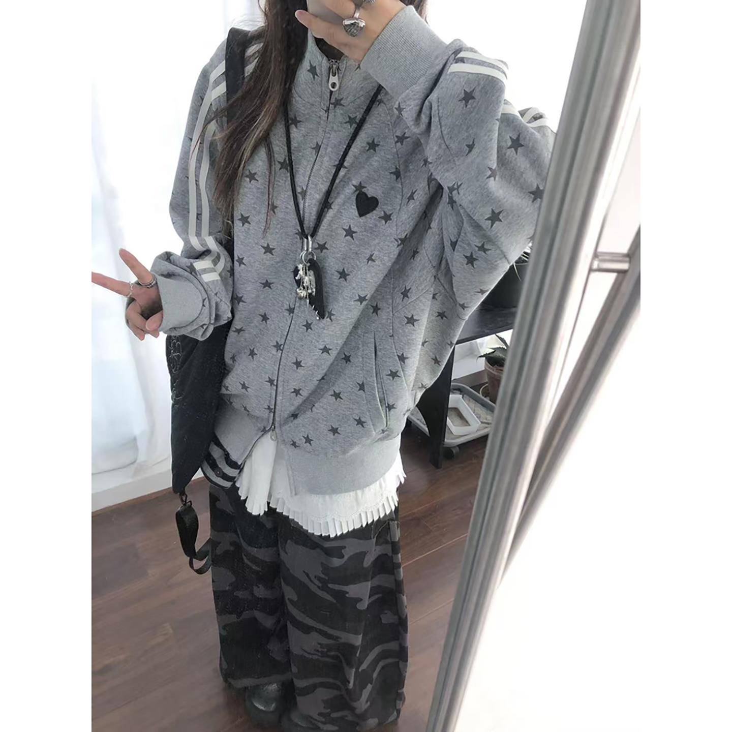 美式复古灰色星星印花立领卫衣外套女秋冬季2025新款长袖拉链开衫