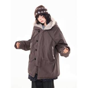 MKGO美式覆古座山雕毛领中长款棉服女冬季新款保暖加厚宽松厚外套