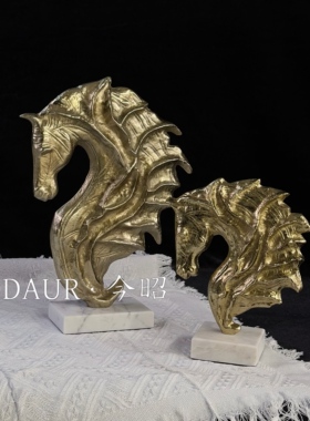 印度进口鎏金马头雕塑摆件大理石底座艺术马首轻奢样板间玄关饰品