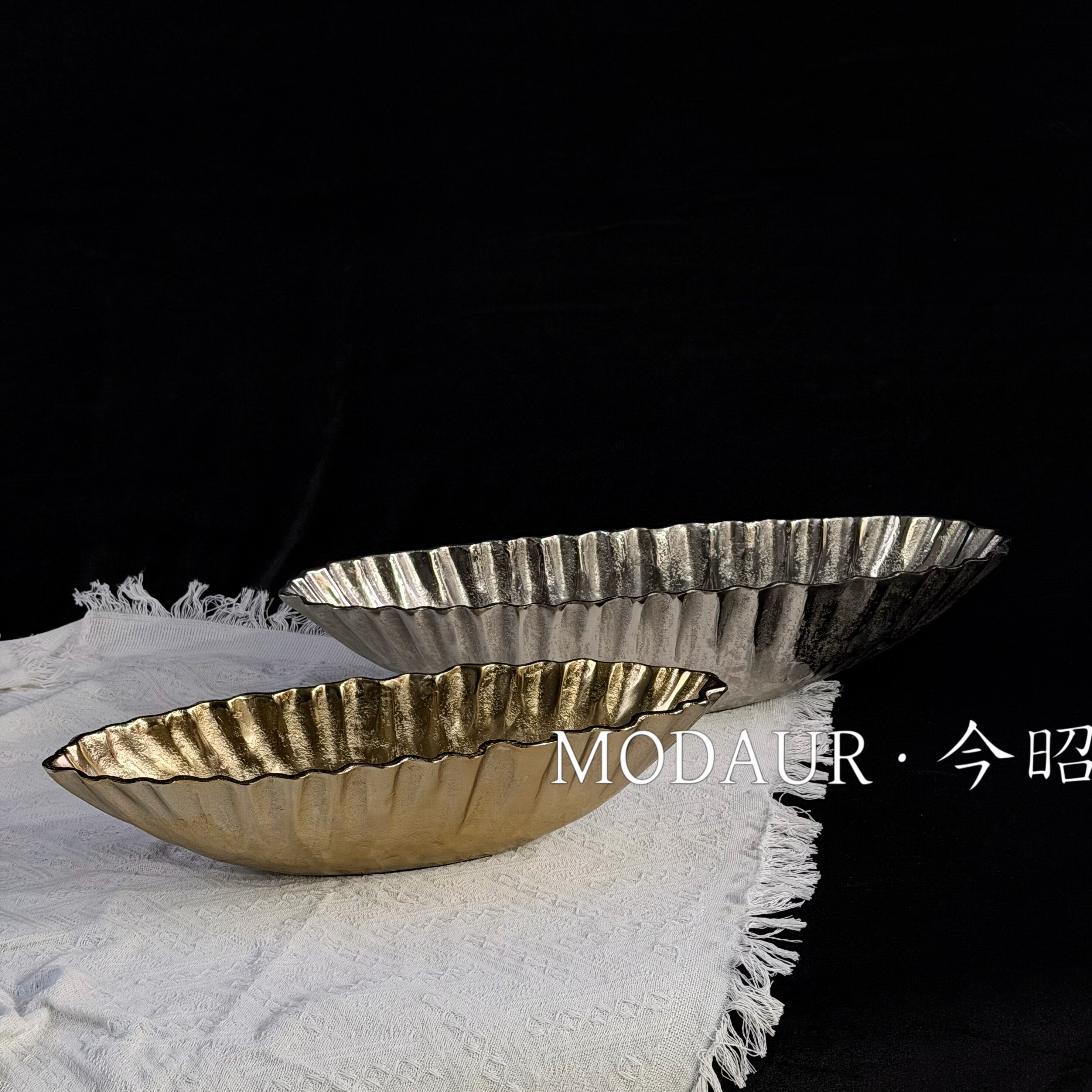 轻奢波浪花边船型装饰碗样板房褶皱金属花艺容器别墅桌面软装摆件