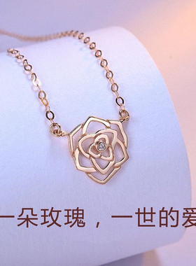 柏爵花镂空玫瑰花项链女纯银玫瑰金镶钻花朵吊坠锁骨链简约精致潮