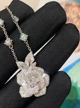 富贵千金满钻玫瑰花项链 女纯银925白金超闪锁骨链高级轻奢名媛潮