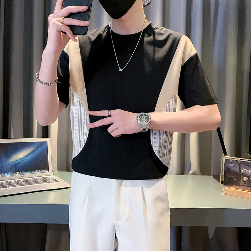 高级感拼接短袖男夏季潮牌痞帅体恤衣服2024新款半袖上衣TX16-P48，男装T恤，电商D323（原B261）