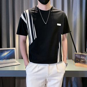 高级感撞色拼接条纹短袖T恤男2024夏季新款圆领宽松上衣 TX11-P48图片