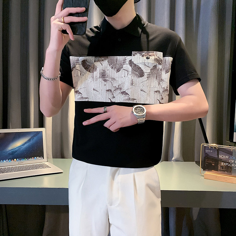短袖POLO衫夏季翻领T恤2024新款男装上衣拼接口袋重磅半袖PL07P58,男装Polo衫,电商D323（原B261）