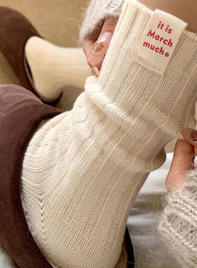 白色袜子女秋冬无骨纯棉中筒袜韩国东大门布标堆堆袜字母灰色长袜