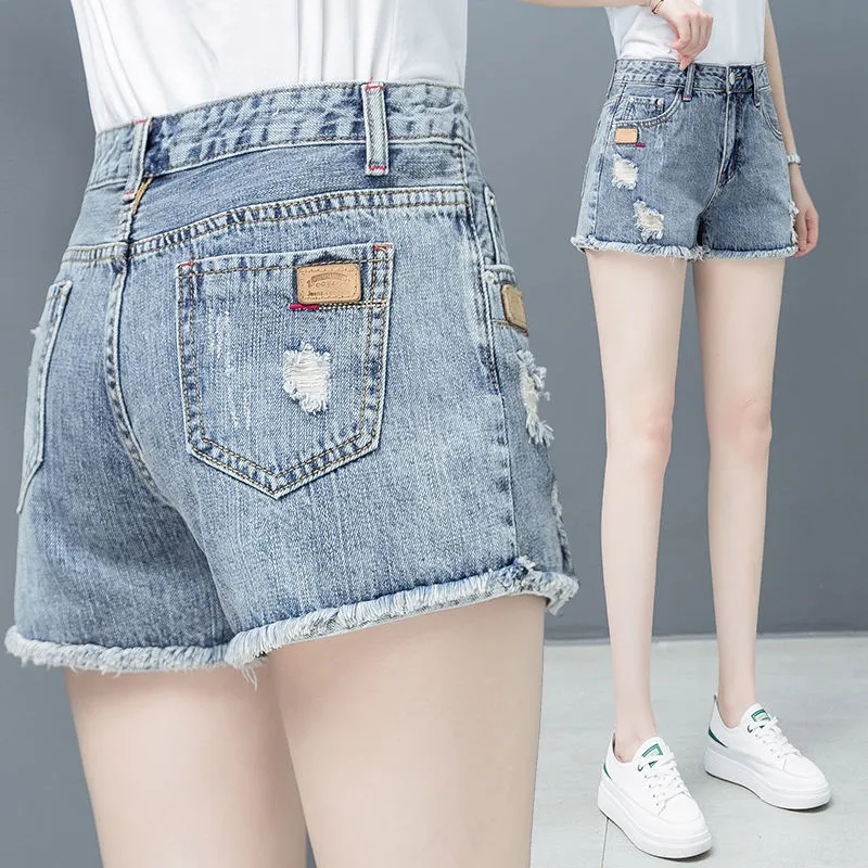 破洞牛仔短裤女夏天韩版宽松薄款大码显瘦ins学生高腰直筒女裤子