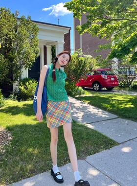 美式复古辣妹彩色格子半身裙女2024高腰显瘦百搭直筒a字包臀短裙