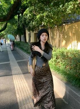 欧美辣妹豹纹丝缎质感半身裙女显瘦高腰遮肉时尚百搭印花性感长裙