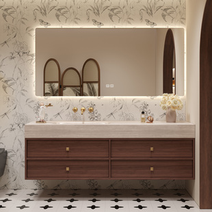 中古风洞石岩板热弯一体盆卫浴柜卫生间洗漱台洗手脸池镜柜轻奢