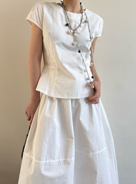拖延症 / 小众气质收腰短袖上衣 ：百搭显瘦松紧腰白色半身裙伞裙