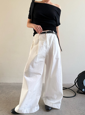 “小个子的白色阔腿裤” 百搭宽松九分裤直筒裤 附编织皮带