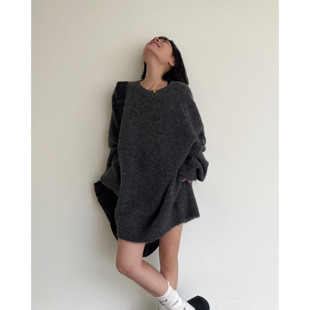 拖延症 慵懒宽松大毛衣 高级感炭灰圆领套头毛衣裙针织衫