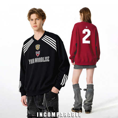 潮牌字母刺绣宽松V领卫衣情侣款