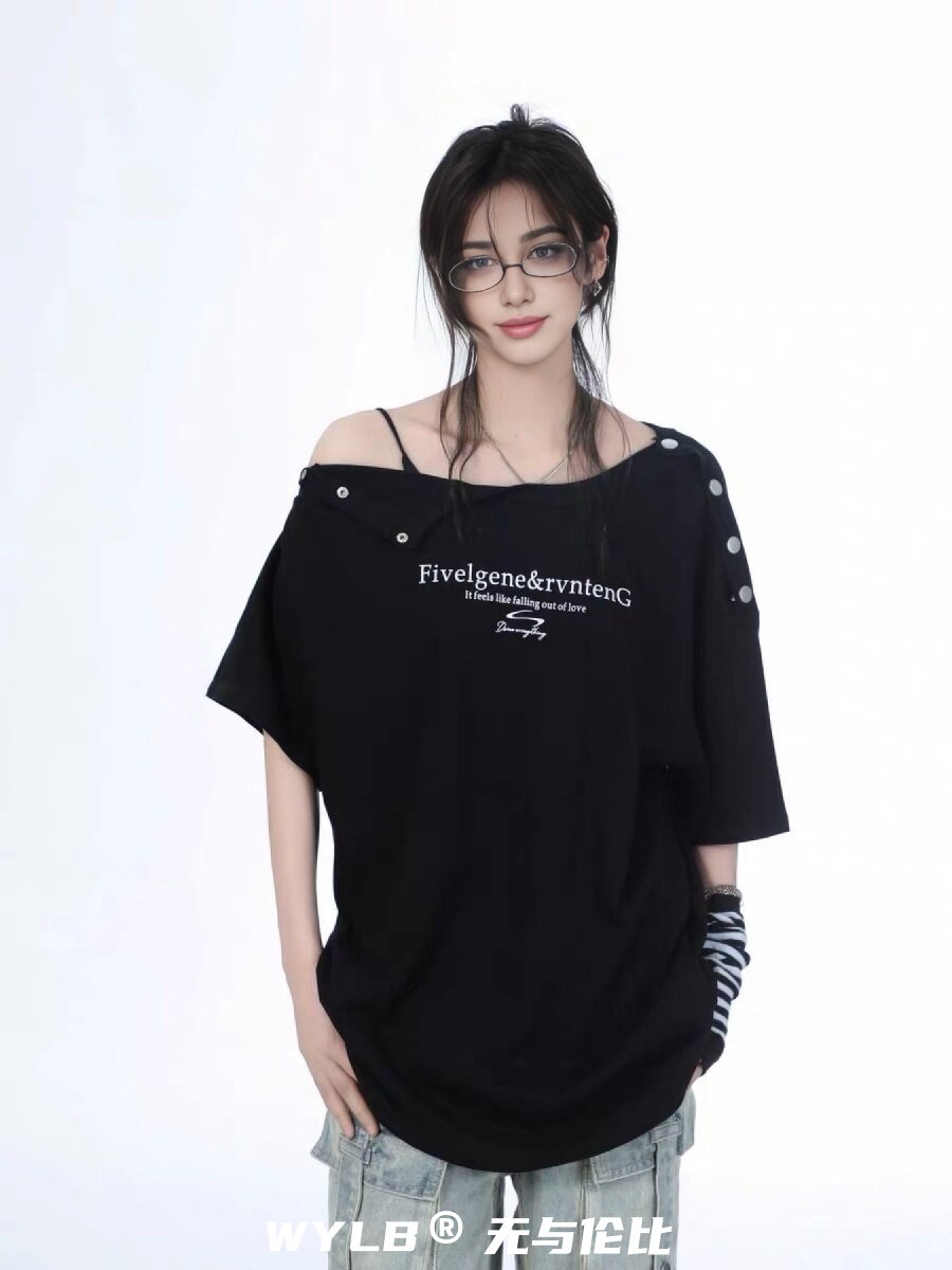 WYLB男女款夏季美式复古露肩排扣一字领短袖T恤女宽松辣妹上衣潮