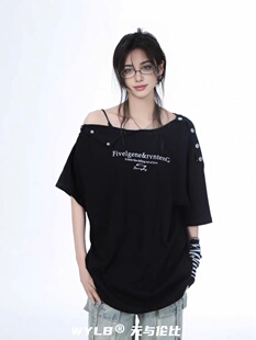 WYLB男女款夏季美式复古露肩排扣一字领短袖T恤女宽松辣妹上衣潮