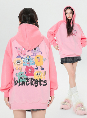 LB｜美式潮牌复古可爱趣味卡通卫衣女学院风插肩袖套头连帽卫衣女