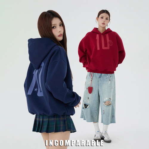 街头数字印花连帽宽松卫衣情侣款