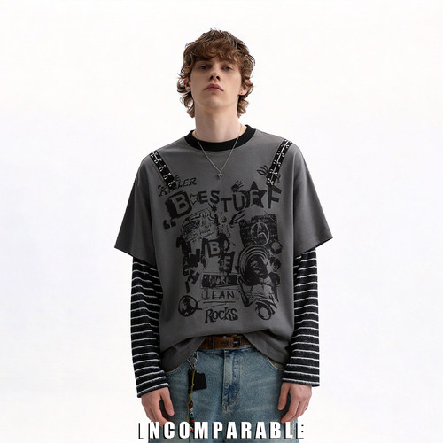 复古轻亚风印花假两件长袖T恤男