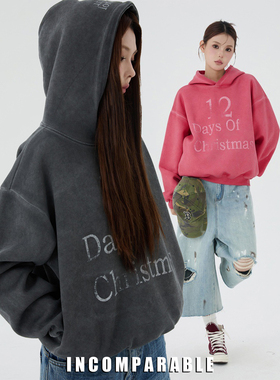 【iN】美式复古做旧字母印花宽松连帽卫衣男女潮牌设计感帽衫情侣