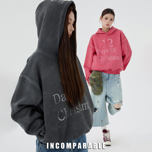 复古做旧字母印花宽松连帽卫衣男