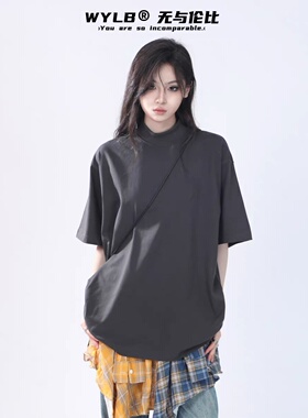 WYLB男女夏季高级感宽松落肩半高领短袖T恤重磅全棉百搭街头上衣