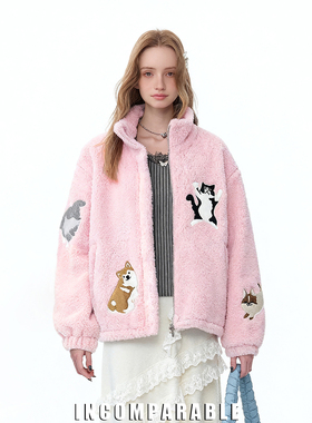 【iN】美式潮牌卡通刺绣外套加绒粉色猫狗刺绣软糯羊羔毛棉服外套