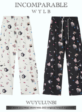 LB｜美式复古卡通满印小猫休闲裤女夏季新款学院风宽松直筒长裤潮