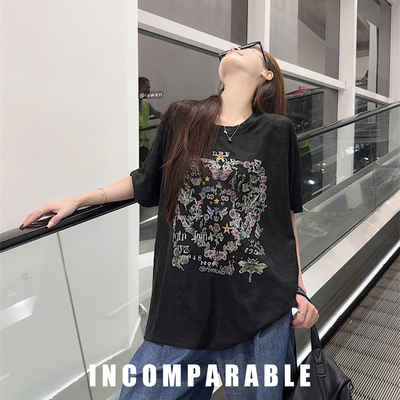 美式重工花卉刺绣微透短袖T恤女