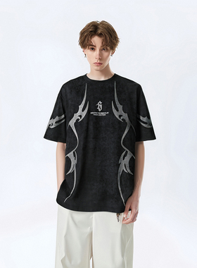 LB｜美式复古暗黑系麂皮绒短袖T恤男夏季宽松潮牌设计感机能风t恤