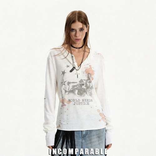 街头复直喷印花长袖T恤宽松上衣