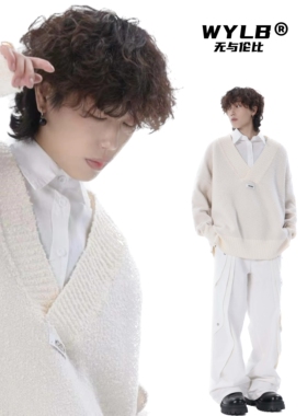 WYLB杏色低V领美式高级感休闲情侣针织衫复古学院慵懒风毛衣外套